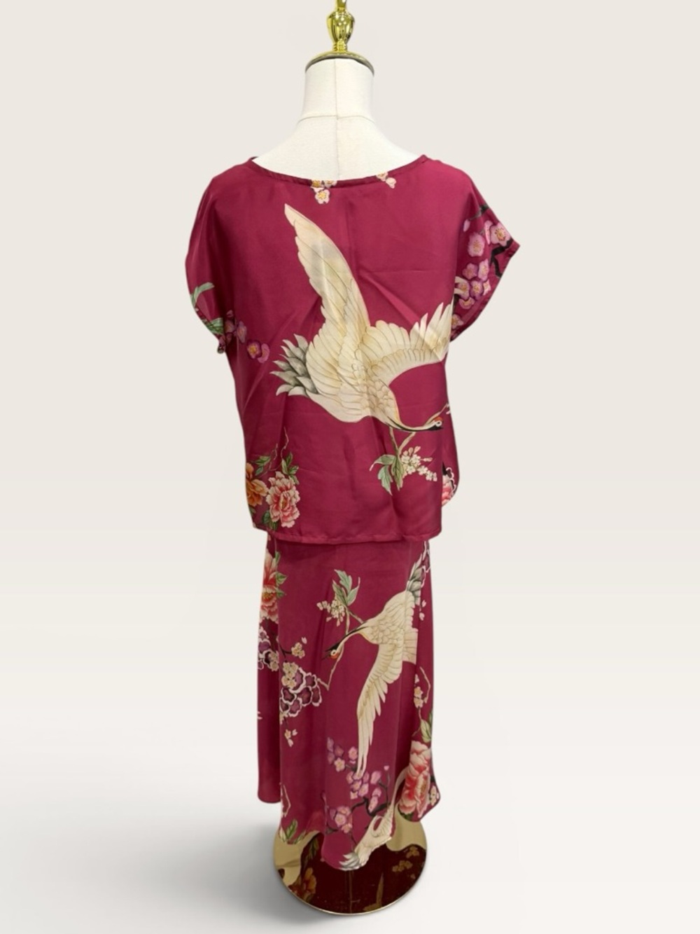 Bryn Walker NWT XXS Burgundy Silk Crane Floral  Print Skirt & Top Set $360 - Picture 7 of 16